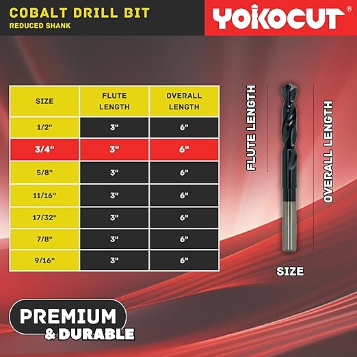 3/4 Inch Cobalt Drill Bit | Reduced Shank High Speed Steel | 3/4 Drill Bit for Stainless Steel and Hardened Metal | HSS M35 Titanium Aluminum Nitride Coating with 1/2" Shank