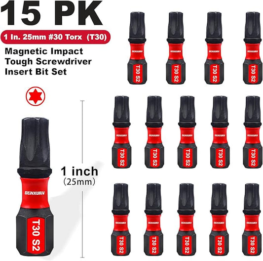 15 Pieces T30 Impact Tough Magnetic Screwdriver Bit Set, 1 In. #30 Torx Head Insert Bit Set, S2 Alloy Steel T30 Star Bit Set
