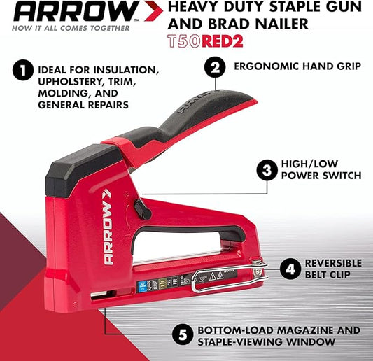 Arrow T50RED2 Heavy Duty Manual 2-in-1 Staple Gun and Brad Nailer for Upholstery, Framing, Insulation, Crafts, and Furniture, Red