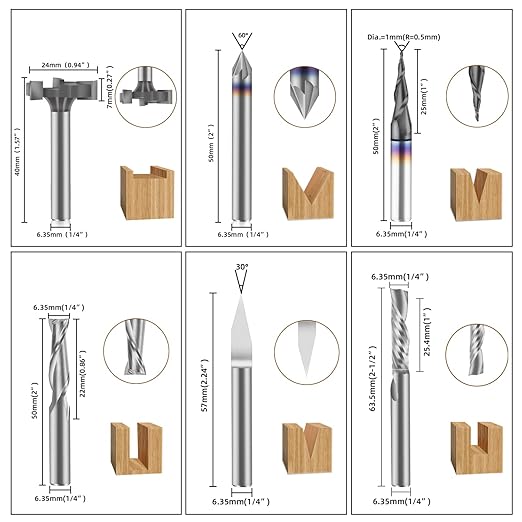 FoxAlien 1/4" Shank CNC Router Bit Essential Kit Includes 1/4" ER11 Collet, V-bit, End Mills, Chamfering Bit for Woodworking MDF Resin Carving Lettering Sign Making