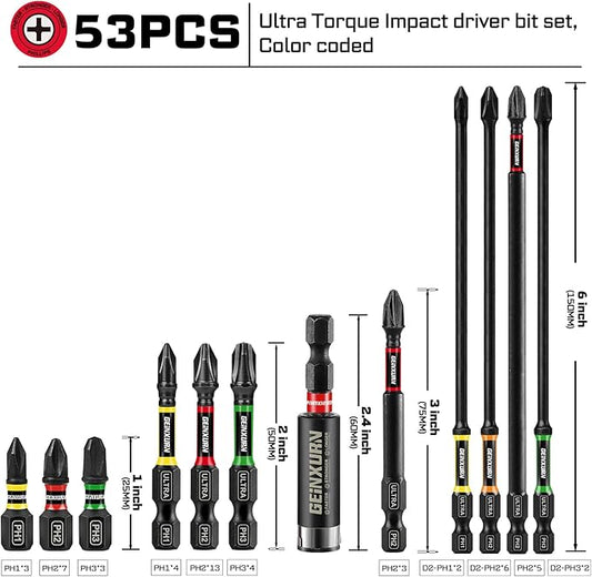 52pcs Impact #1#2#3 Phillipes Screwdriver Bits Set, 1??2??3??6??(PH1/PH2/PH3) Magnetic S2 Steel Cross Driver Bits Set and 1pc Impact Bit Holder with Color Coded Base