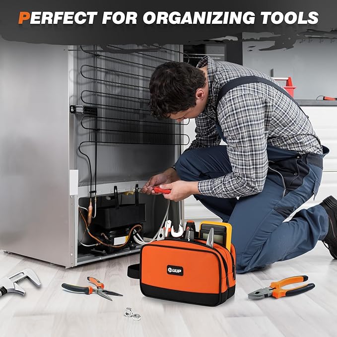 Small Tool Bag 2 Pack, Zipper Tool Pouch Two Compartments, 10 12 inch Utility ToolBag with Carrying Handle, Tool box Storage Organizer for Electrician Mechanic, Gift for Men Dad, Orange/Green