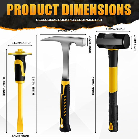 Lasnten 3 Pcs Geology Rock Pick Equipment Kit 33 oz Hammer 3lb Octagonal Hammer 12inch Chisels Tools for Geological Research Exploration, Rock Hounding, Stone Breaking, Prospecting, Mining