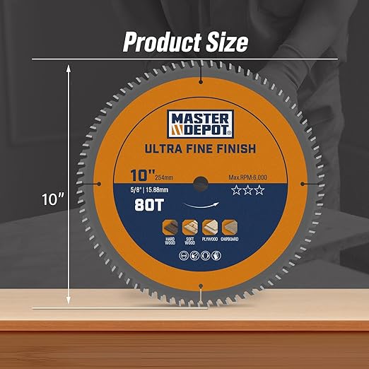 10 Inch 80T Ultra-Fine Finish Saw Blades for Miter Saws and Table Saws, Carbide-Tipped ATB, 5/8" Arbor, Thin Kerf, Smooth Crosscuts in Plywood, Hardwood, Trim & Finish Work (2-Pack)