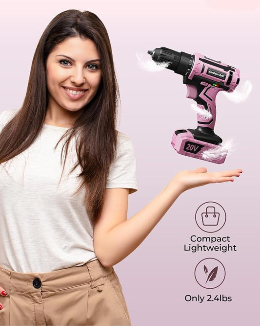 Pink Cordless Drill Set, VIWKO 20V Electric Power Drill for Women, Lightweight Electric Screwdriver Driver with Power Pack & Charger, 3/8" Keyless Chuck, Womens Tool Kit for House