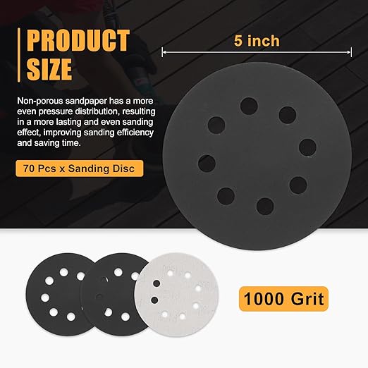 70 Pcs 5 Inch Sanding Disc 1000 Grit 8 Hole Round Hook and Loop Sandpapers for Metal Wood Automotive Boat Building Grinding and Polishing, Black