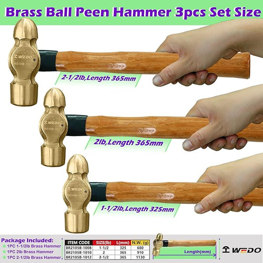 WEDO 3PCS Brass Ball Peen Hammer Set, 24 oz+32 oz+40 oz(1-1/2lb+2lb+2-1/2lb), Brass Ball Pein Hammer Set with Wooden Handle, Die-Forged, Corrosion Resistant, DIN Standard