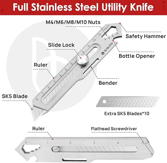 BIBURY 2 Pack Mutipurpose Utility Knife, Heave Duty Full Stainless Steel Retractable Box Cutter with 10PCS replaceable Blades (18mm Wide), Multi-functional Extended Razor Knife for Office, Home,School