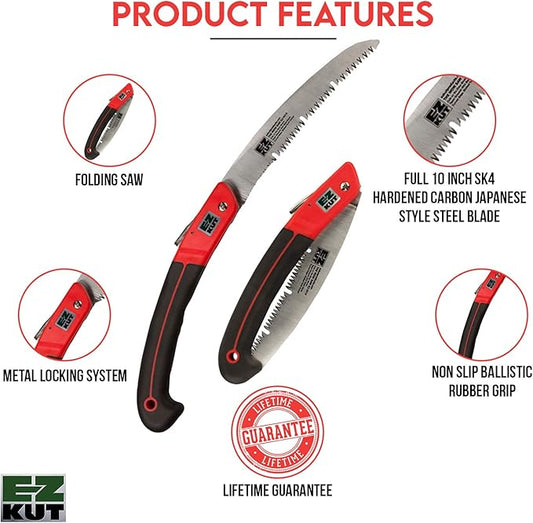 EZ KUT WOW Folding Saw 10????Heavy-Duty Hand Saw for Tree Trimming, Pruning & Wood Cutting ??Compact Foldable Design for Camping, Hunting & Survival ??Razor Sharp SK4 Steel Blade