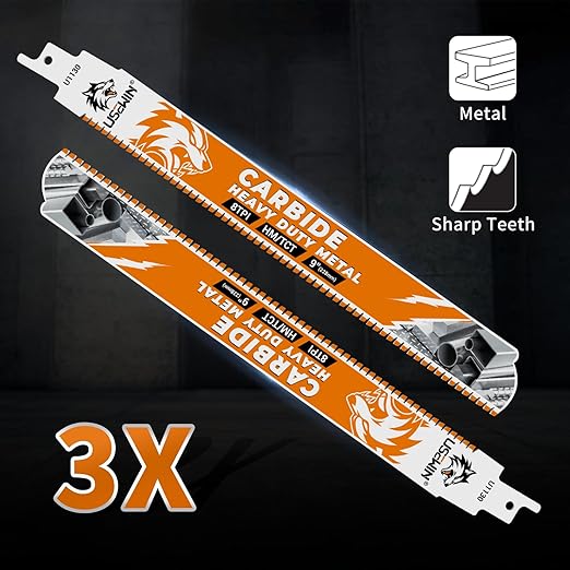 3 Pack Carbide Reciprocating Saw Blades, 9 Inch 8 TPI Metal Blades, Pruning Blade for Reciprocating Saw for Thick Metal, Cast Iron, Alloy Steel