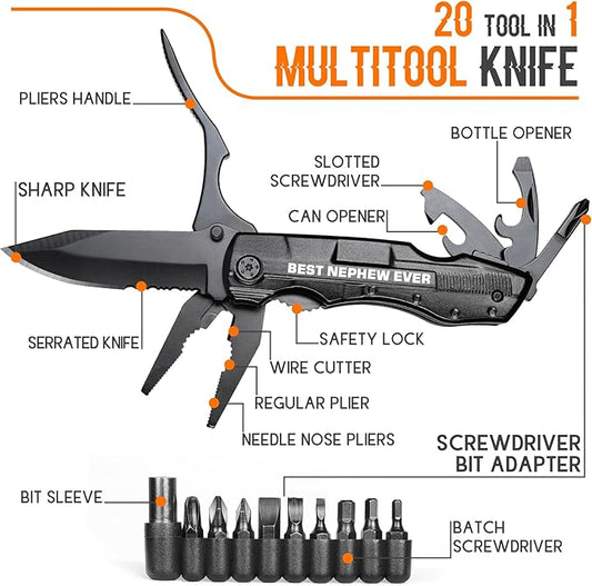 Nephew Gifts from Auntie, Multitool Knife, Gifts for Nephew, Nephew?셲 Christmas Practical Gift, Nephews Birthday Present, Gift for Camping, Hiking, Fishing, 20 in 1 Multitool