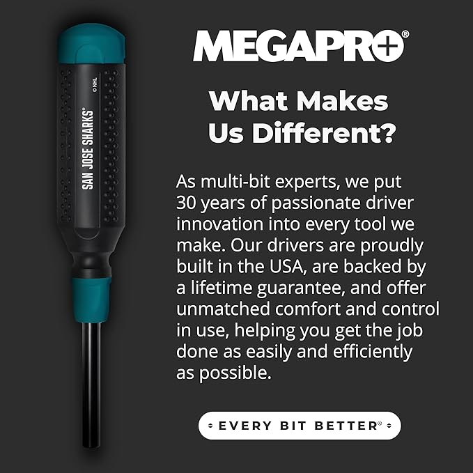 MEGAPRO짰 NHL짰 Team Edition Multi-bit Screwdriver | Officially Licensed NHL짰 Gear | Durable, Ergonomic, Pro-Grade Screwdriver (San Jose Sharks짰)