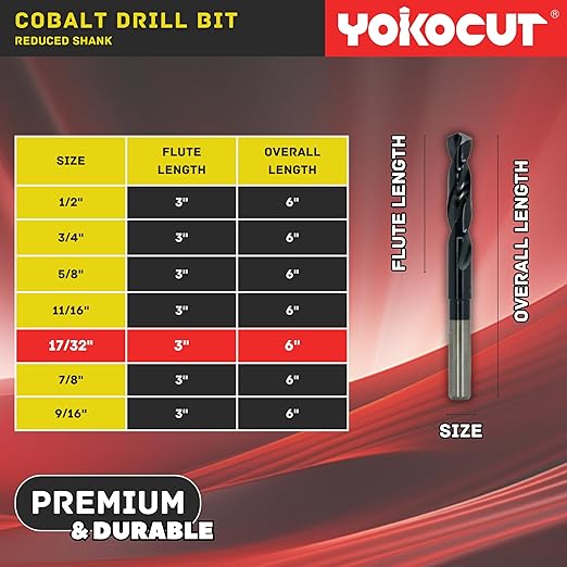 17/32 Inch Cobalt Drill Bit | Reduced Shank High Speed Steel | 17/32 Drill Bit for Stainless Steel and Hardened Metal | HSS M35 Titanium Aluminum Nitride Coating with 1/2" Shank