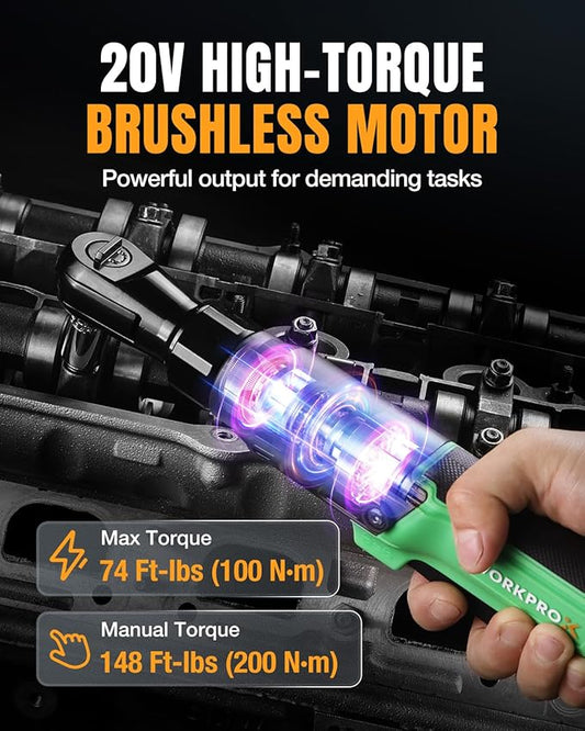 WORKPROX Electric Ratchet Wrench 3/8" Set, 20V Cordless Ratchet Wrench Kit, 74Ft-lbs, 250RPM, Battery Powered Ratchet with LED Light, 2-Pack 2000mAh Batteries, 7 Sockets & 3" Extension Bar