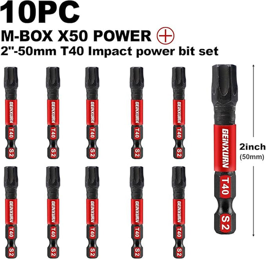 10Pieces 2 In. T40 Impact Tough Magnetic Screwdriver Bit Set, #40 Torx Head Power Bits, S2 Alloy Steel Star Bits with Storage M-Box