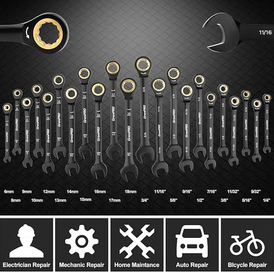 GRENPRO Ratcheting Wrenches Set, Combination Wrench Sets With Organizer Box, 23PC SAE & Metric And Standard, 1/4" to 3/4" & 6-18mm, Open End Wrench Set, Electrophoretic Coating Sock Mechanic Tools