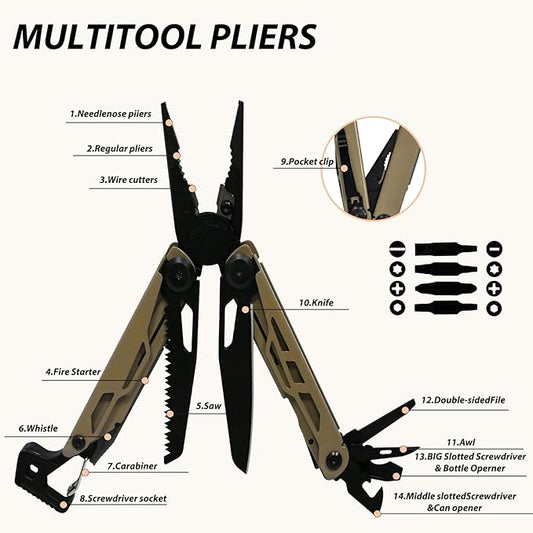 23-in-1 Multitool Pliers - Multi tool Pocket Knife with Screwdriver, Fire Starter, Saw, Whistle, Wire Stripper, Survival Gear for Hunting and Camping with Nylon Sheath (Brown)