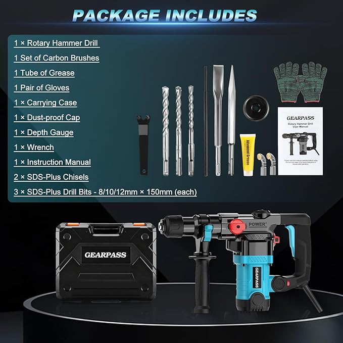 1-1/4" SDS-Plus Rotary Hammer Drill, 12.5 Amp Heavy Duty Rotary Hammer, 3 Functions with Safety Clutch, 6 Speed, Corded Rotomartillo for Concrete, Drill Bits, Flat/Point Chisels Included