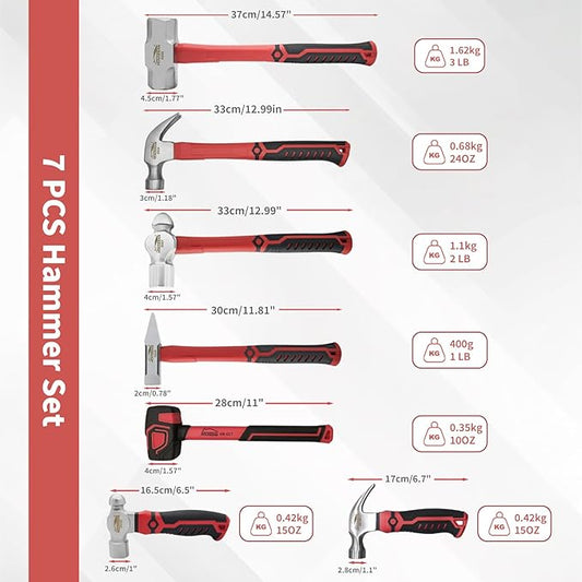 7-Pieces Hammer Set, 24 oz Claw Hammer, 12oz Claw Hammer, 13oz Ball Peen Hammer, 2 Lb Ball Peen Hammer, 3 Lb Sledge Hammer, Engineer Hammer, 10oz Rubber Mallet