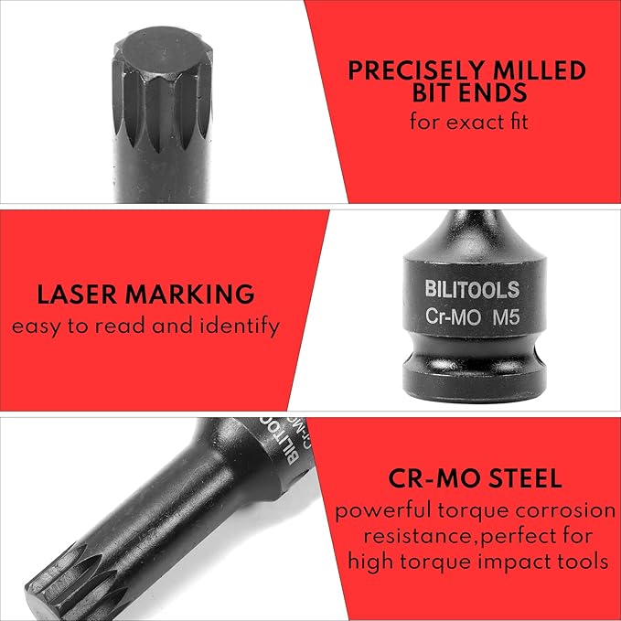 BILITOOLS 8-Piece Impact XZN Triple Square Spline Bit Socket Set 1/2 inch Drive, M5-M18, Cr-Mo Steel