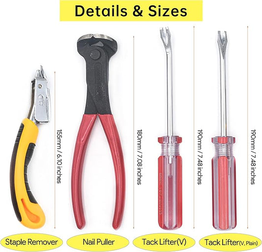 Upholstery Staple Remover Tack Puller Nail Remover Tools Set W End Cutting Pliers, Staple Puller, Tack Lifter, Fastener Remover, for Furniture Floor Wall Car Photo Frame, 4 in 1 Kit