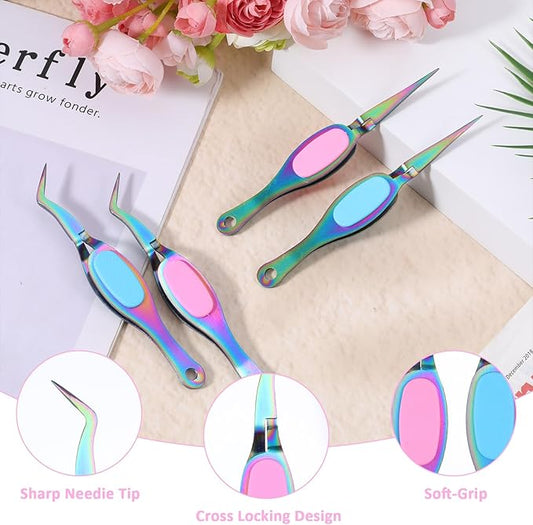 4 Pcs Reverse Tweezers, Crossing Lock Curved Tweezers Stainless Steel Soft-Grip Tool Precision Crafting with Curved Tip and Straight Tip for DIY Craft, Jewelry, Beading, Electronics