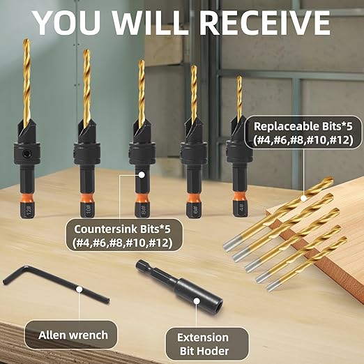 12Pcs HSS Adjustable Countersunk Drill Bits for Woodworking, Sizes #4, #6, #8, #10, #12, withMagnetic Extension Drill Bit & Storage Box, Professional Countersink Drill Bit Set