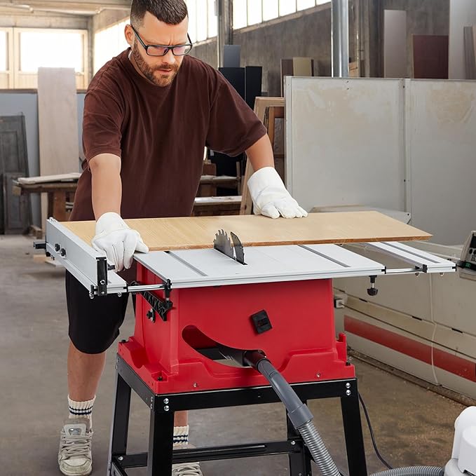 Table Saw, 10 in 15A Multifunctional Saw With Stand & Push Stick, 90° Cross Cut & 0-45° Bevel Cut, 5000RPM, Adjustable Blade Height for Woodworking, Red