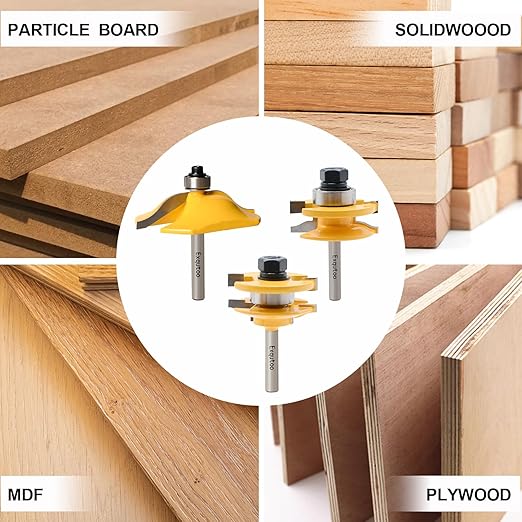 Exqutoo 3PCS 1/4" Shank Router Bit Set, Raised Panel Cabinet Door Making Router Bits, Cemented Carbide Router Bits, Woodworking Tools Router Door & Window Bits (Tenon Joint Cutter Diameter: 1-3/4")