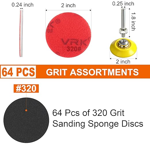64 PCS 2 Inch Sanding Disc Pad,Hook and Loop Sanding Pads 320 Grit Wet Dry Sponge Sandpaper with 1/4??Shank for Drill Sanding Grinder Rotary Tools Curved Surface Polishing and Sanding