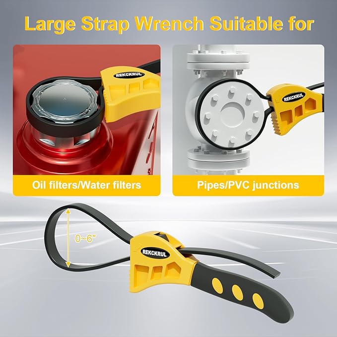 REKCKRUL 2 PCS Heavy-Duty Strap Wrench Set Upgrade ??4" to 6" Diameter Adjustable Oil Filter Wrench, Reinforced Rubber - Jar Opener, Plumbing Tool for Shower Heads, Water Filters, Pipes
