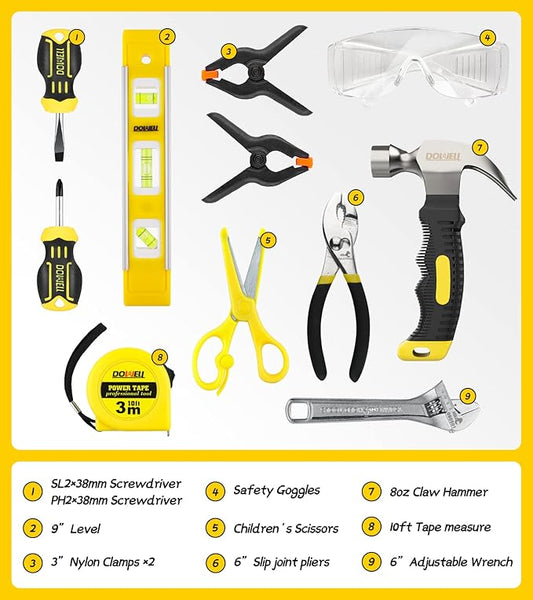 DOWELL Kids Tool Set with Tool Bag including Real Metal Hand Tools for Boys& Girls, Children&Junior Learning Tool Kit for Home DIY, Age 8+