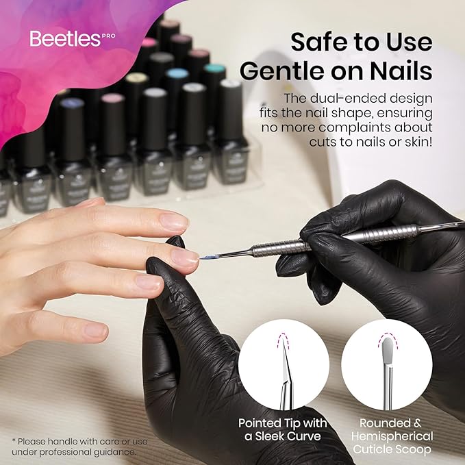 Beetles Pro 1-Pcs Dual-Ended Cuticle Pusher, Stainless Steel Pointed Tip (12mm) and Cuticle Scoop (14mm) for Precise Cuticle Care, Ergonomic Anti-Slip Handle, Professional Manicure Tool for Nail Care