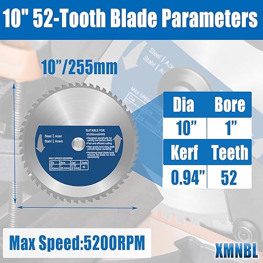 10 Inch Metal Cutting Saw Blade,Replacement for Evolution 10BLADEST Blade for Cutting Mild Steel and Ferrous Metals,52 Teeth,1 Inch Arbor,Compatible with Evolution Rage3,Rage3 DB Miter Saw