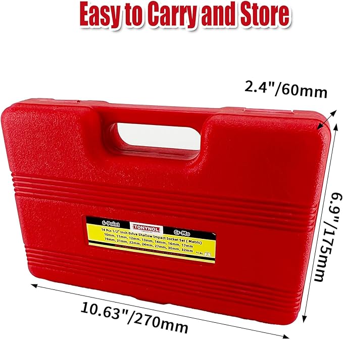 1/2 Inch Shollw Drive Impact Socket Set,6-Point,Metric (10mm-32mm),14 Pcs,Cr-Mo Steel,With a Storage Case