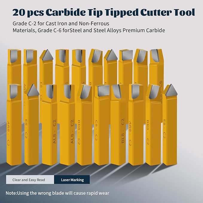 20 pc 3/8" Carbide Tip Tipped Cutter Tool,Metal Lathe Cutting Tools,Lathe Tools Metal Cutting for Metal Lathe Turning, Boring, and Chamfering