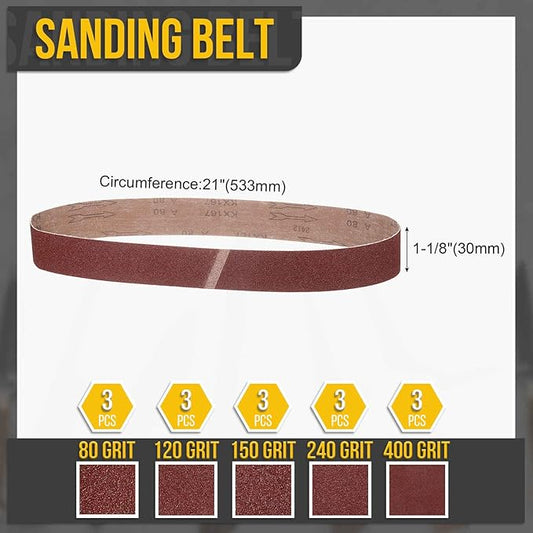 1-1/8 x 21 Inch Sanding Belt, 15 Pcs 80/120/150/240/400 Grits Aluminum Oxide Knife Sharpener Belts Work Sharpening for Belt Sander Knife Carving Tool Metal Working