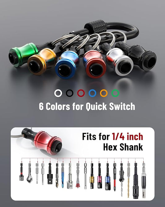 Katerk 10 pcs 1/4 inch Hex Shank Aluminum Alloy Screwdriver Bits Holder, Light-weight Quick-change Extension Bar Keychain Drill Screw Adapter Change Portable (With Black Carabiner)