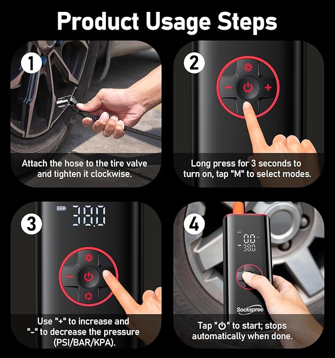 Tire Inflator Portable Air Compressor 5 in 1 Cordless Smart Pump with Tire Pressure Gauge 150PSI and LED Lights for Cars Bikes Motorcycle Balls Custom Mode Inflatables Red Black