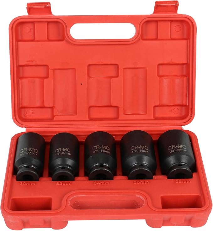 SCITOO 1/2 5PCS Drive Deep Impact Axle Hub Socket Set,Axle Nut Hub Impact,12 Point,30mm-36mm(30mm,32mm,34mm,35mm,36mm)