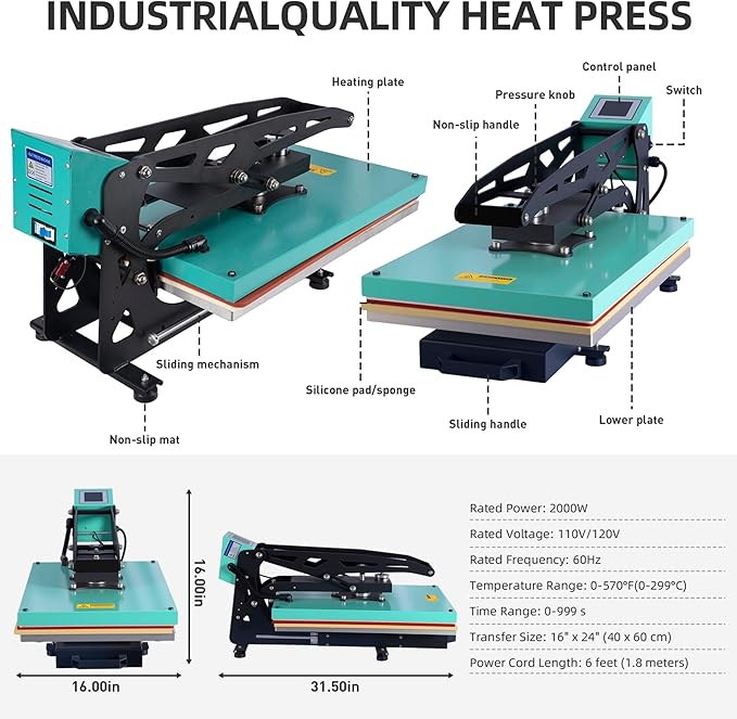 16x24 Heat Press Machine, Semi-Auto, Infrared Positioning, for T Shirts, Garments, Bags, Textiles, Curtains, Mousepads, Perfect for POD & Home DIY & Small Business Customization, Green