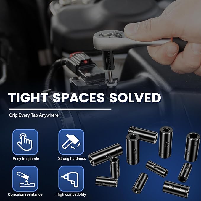 70700 Tap Socket Set, 11-Piece 1/4" & 3/8" Drive Taps Sockets Adapter for Metric & Standard Taps, Compatible with 1/2" and 1/8" NPT, Includes Non-M.C.T.I. Standard Tap