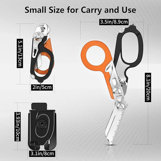 6 In 1 Multi-function Trauma Shears Foldable with Compatible Holster and Penlights,Emergency Trauma Shears with Strap Cutter and Glass Breaker for Outdoor Medical Scissors Tools Black+Orange