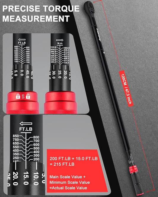 Atsafepro 3/4 Torque Wrench 100-850 Ft-Lb -짹3% Accuracy, 47.3" Long Handle, 48-Tooth Reversible Ratchet, Cr-V Steel, Dual Scale,3/4" Drive Click Heavy Duty Torque Wrench for Industrial, Truck, Turbine