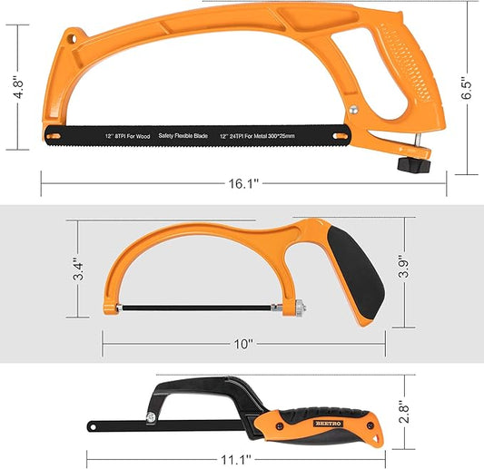 BEETRO Hacksaw Frame Set, 12’’ 10'' hacksaw and 6’’ Mini Hand Saw, Including Six Extra Flexible Blades, Cutting Tool for Metal, Wood, PVC Pipe