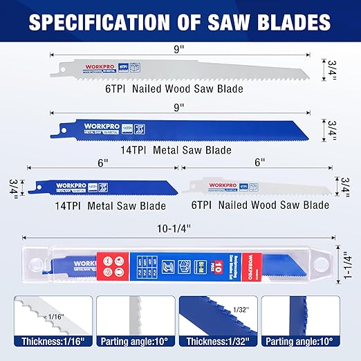 WORKPRO 10-Piece Reciprocating Saw Blade Set, BIM Saw Blades for Metal/Nailed Wood Cutting, Organizer Case Included