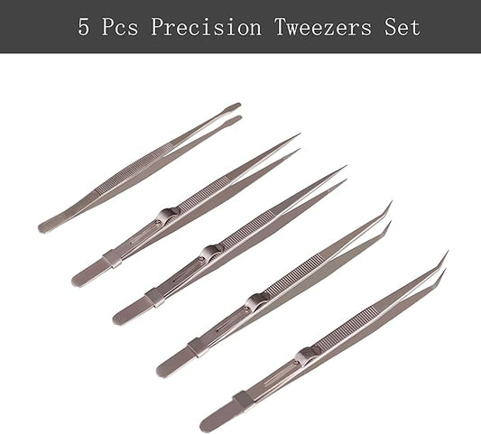 5Pcs Precision Tweezers Set, Flat/Pointed/Curved Angled Locking Long Tweezers for Crafts, Medical Surgical, Lab, Soldering, Jewelry Crafting, Watch & Electronics/Car Repair,Splinter Removal