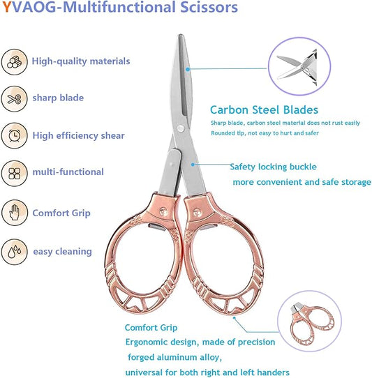 Mini Folding Scissors, Safe Portable Travel Mini Scissors, Stainless Steel Retractable Small Scissors for Home Office, 2 Piece Set (rose gold-A)