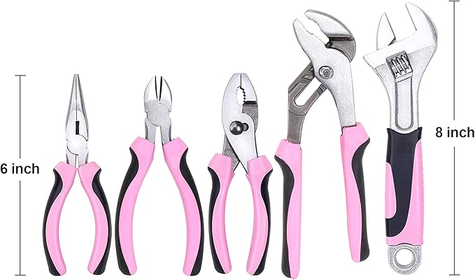 FASTPRO 5-Piece Pink Utility Pliers Set with Storage Bag, Includes Groove Joint, Diagonal, Long Nose, Slip Joint Pliers and 8" Adjustable Wrench