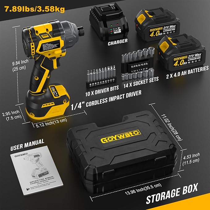 Cordless Impact Driver 2655In-lbs(300N쨌m) - 21V 1/4" Hex Chuck Brushless Hand Impact Driver With & 2 x 4.0Ah Battery & Charger & 14 x Sockets Set & 10 x Screwdriver Bit for Home Projects & DIY